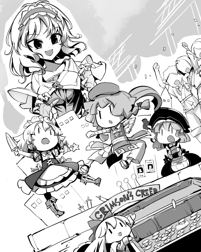 1girl alice_margatroid bow capelet coin commentary_request doll dress fifiruu fighting flying_kick frilled_hairband frills greyscale hair_bow hairband holding holding_knife hong_meiling izayoi_sakuya kicking knife long_hair long_sleeves monochrome open_mouth puppet_rings remilia_scarlet shanghai_doll short_sleeves sign smile stage star touhou