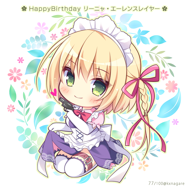 1girl apron belt belt_buckle blonde_hair blush braid breasts brown_belt buckle character_name chibi closed_mouth collared_shirt commentary_request elbow_gloves floral_background frilled_apron frills full_body gloves gun hair_ribbon handgun happy_birthday holding holding_gun holding_weapon leg_belt linja_oehlenslaeger long_hair maid maid_headdress medium_breasts pink_ribbon pink_shirt puffy_short_sleeves puffy_sleeves purple_skirt revolver ribbon ryuuka_sane seiza shirt short_sleeves side_braid sitting skirt smile solo thigh-highs twitter_username unmei_senjou_no_phi weapon white_apron white_gloves white_legwear