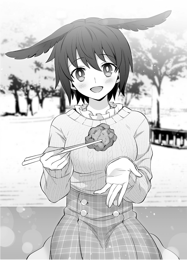 1girl :d alternate_costume blush casual chopsticks commentary_request eyebrows_visible_through_hair fate/grand_order fate_(series) food hair_between_eyes head_tilt head_wings holding holding_chopsticks long_sleeves looking_at_viewer offering open_mouth ortlinde_(fate/grand_order) outstretched_hand plaid plaid_skirt short_hair skirt smile solo tree valkyrie_(fate/grand_order) yamoge