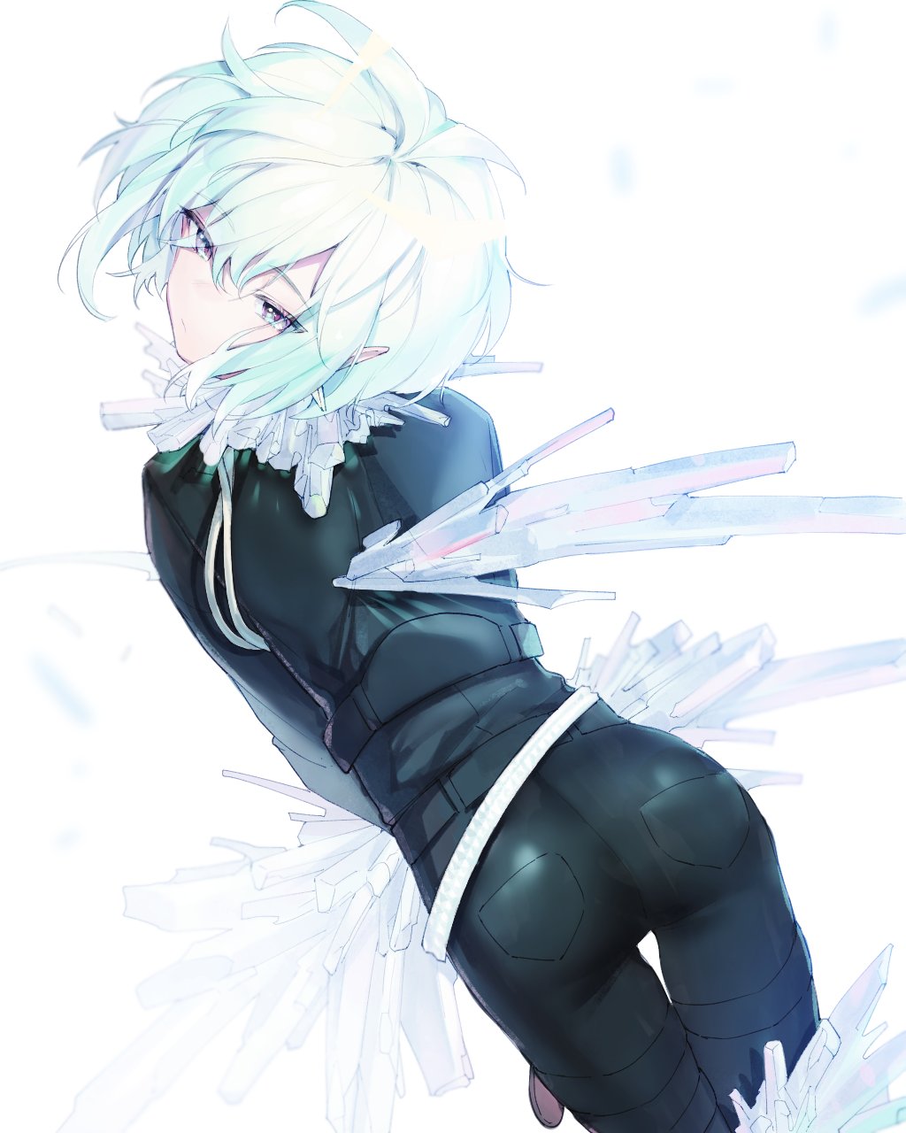 1boy androgynous ass black_gloves black_jacket blonde_hair cravat earrings gloves green_hair half_gloves highres jacket jewelry lio_fotia looking_at_viewer male_focus otoko_no_ko promare shii_(luochen_xi) short_hair simple_background solo violet_eyes white_background