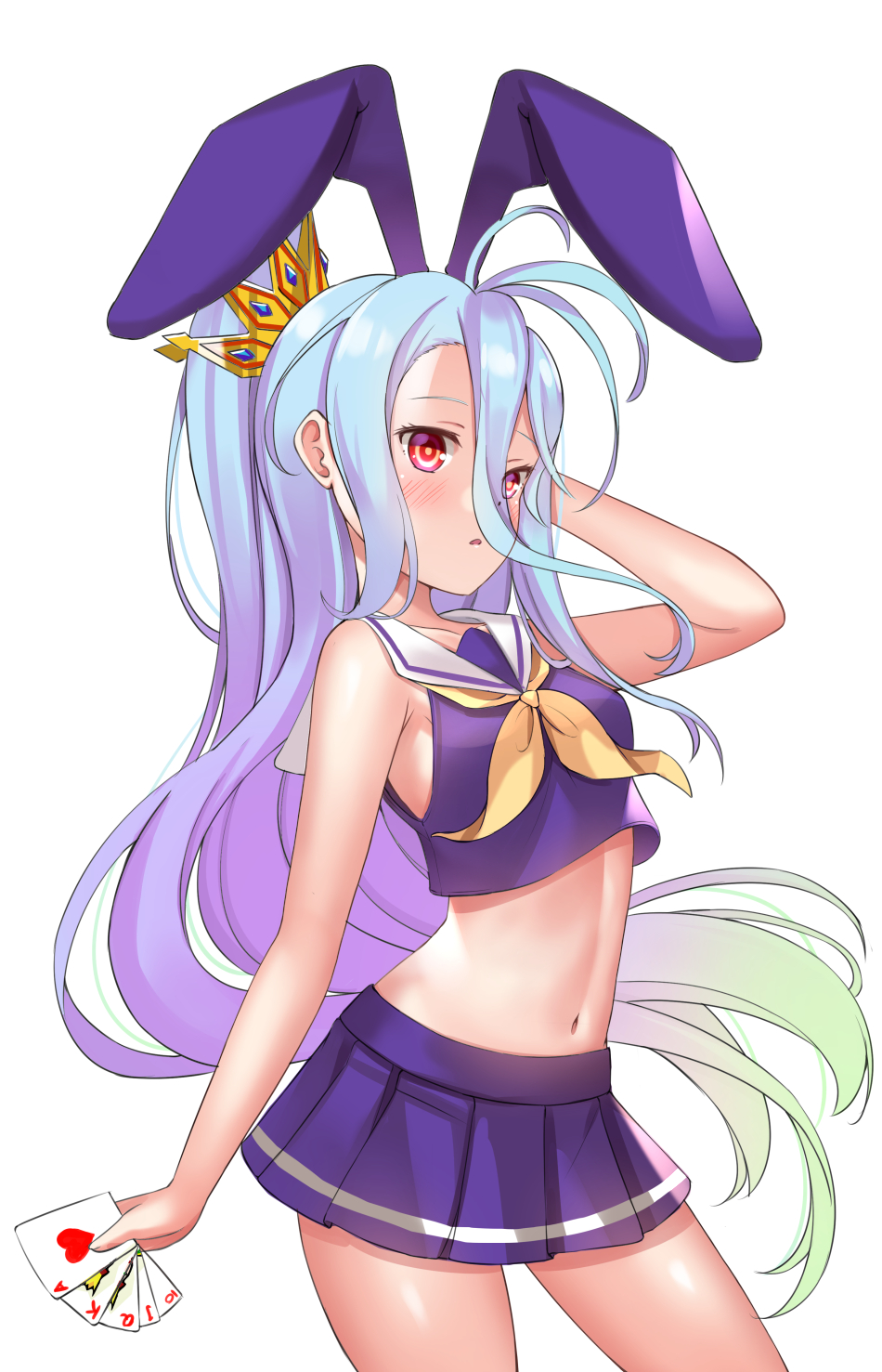 1girl ahoge animal_ears aqua_hair armpit_peek blackheartxiii blush breasts card cowboy_shot crop_top crown eyes_visible_through_hair fake_animal_ears gradient_hair green_hair hair_between_eyes hand_in_hair highres long_hair midriff mini_crown miniskirt mole mole_under_eye multicolored_hair navel no_game_no_life parted_lips playing_card pleated_skirt ponytail purple_skirt rabbit_ears red_eyes sailor_collar school_uniform serafuku shiro_(no_game_no_life) simple_background skirt sleeveless small_breasts solo thighs two-tone_hair white_background