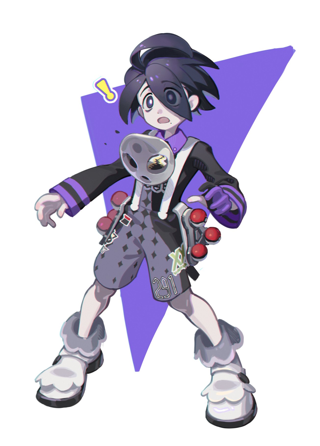 1boy ahoge black_hair gloves gym_leader highres male_focus mask mole moneydoge onion_(pokemon) open_mouth poke_ball poke_ball_(generic) pokemon pokemon_(game) pokemon_swsh short_hair shorts single_glove solo suspender_shorts suspenders violet_eyes