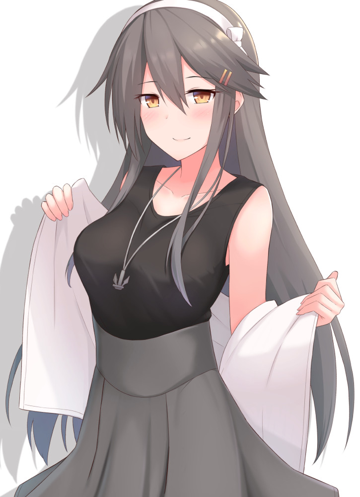 1girl akahi242 alternate_costume anchor_necklace breasts commentary cowboy_shot grey_hair grey_skirt hair_between_eyes hair_ornament hairband hairclip haruna_(kantai_collection) jacket kantai_collection large_breasts long_hair long_skirt looking_at_viewer removing_jacket shirt simple_background skirt sleeveless sleeveless_shirt smile solo white_background white_hairband white_jacket