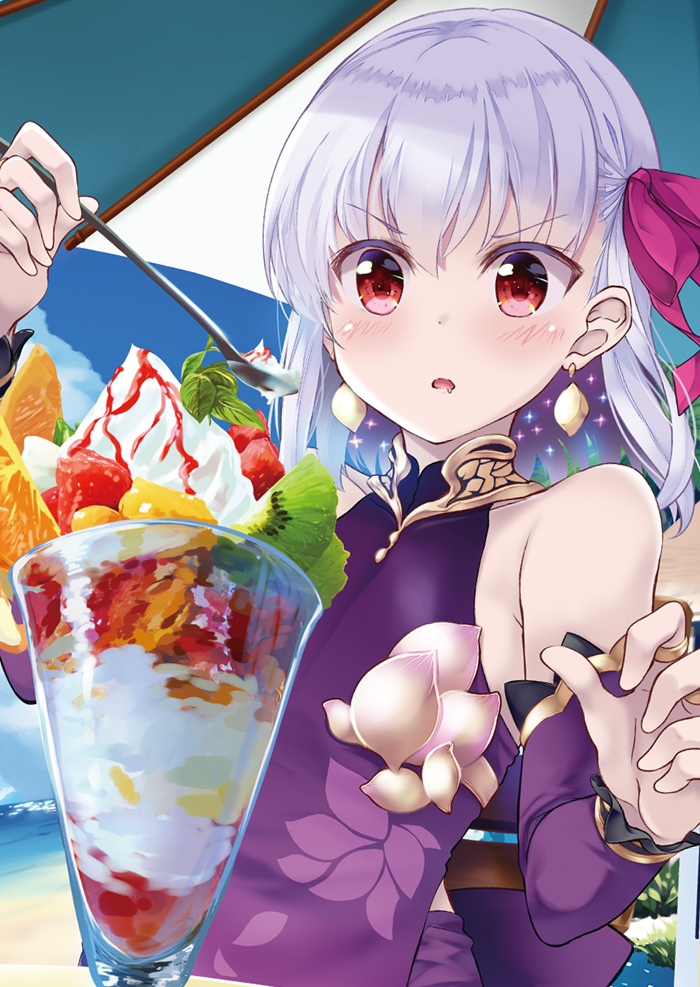 1girl bangs bare_shoulders beach beach_umbrella blush breasts collarbone commentary_request day detached_sleeves dress drooling earrings eyebrows_visible_through_hair fate/grand_order fate_(series) food fruit hair_between_eyes hair_ribbon hitsujibane_shinobu holding holding_spoon jewelry kama_(fate/grand_order) kiwi_slice long_sleeves mint open_mouth orange orange_slice outdoors parasol parfait parted_lips pink_ribbon purple_dress purple_sleeves red_eyes red_ribbon ribbon ring saliva short_hair silver_hair sleeveless sleeveless_dress solo sparkle spoon strawberry umbrella v-shaped_eyebrows whipped_cream