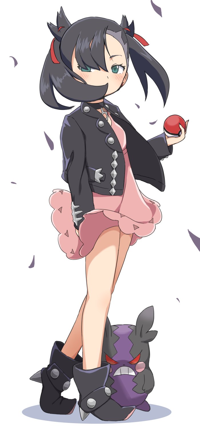 1girl asymmetrical_bangs bangs black_choker black_footwear black_jacket boots bubukka choker dress full_body gen_8_pokemon green_eyes hair_ribbon highres holding holding_poke_ball jacket legs long_sleeves mary_(pokemon) morpeko open_clothes open_jacket pink_dress poke_ball poke_ball_(generic) pokemon pokemon_(creature) pokemon_(game) pokemon_swsh red_ribbon ribbon simple_background standing undercut white_background wind