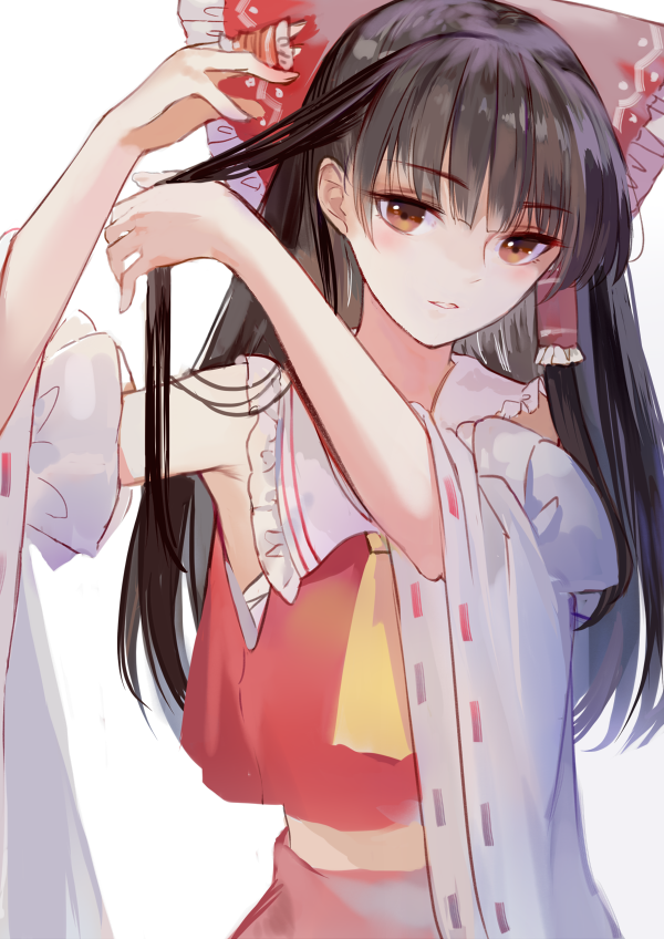 1girl armpits bangs bare_shoulders blunt_bangs blush bow brown_eyes brown_hair detached_sleeves eyebrows_visible_through_hair hair_bow hair_ornament hair_tubes hairdressing hakurei_reimu holding holding_hair long_hair looking_at_viewer ookamisama parted_lips red_bow simple_background solo touhou white_background wide_sleeves yellow_neckwear