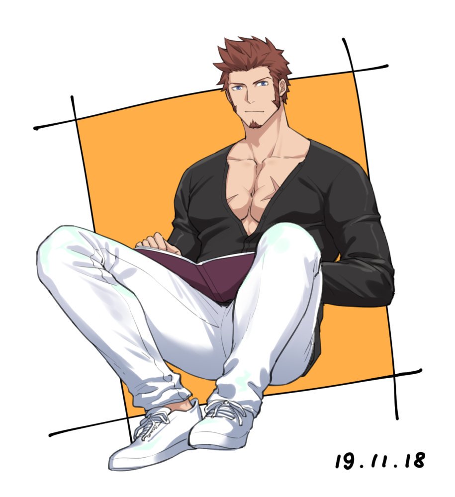 1boy 47_(479992103) beard blue_eyes book brown_hair chest facial_hair fate/grand_order fate_(series) full_body holding holding_book long_sleeves looking_at_viewer male_focus muscle napoleon_bonaparte_(fate/grand_order) open_book open_clothes pants pectorals scar shoes simple_background sitting sneakers solo v-neck