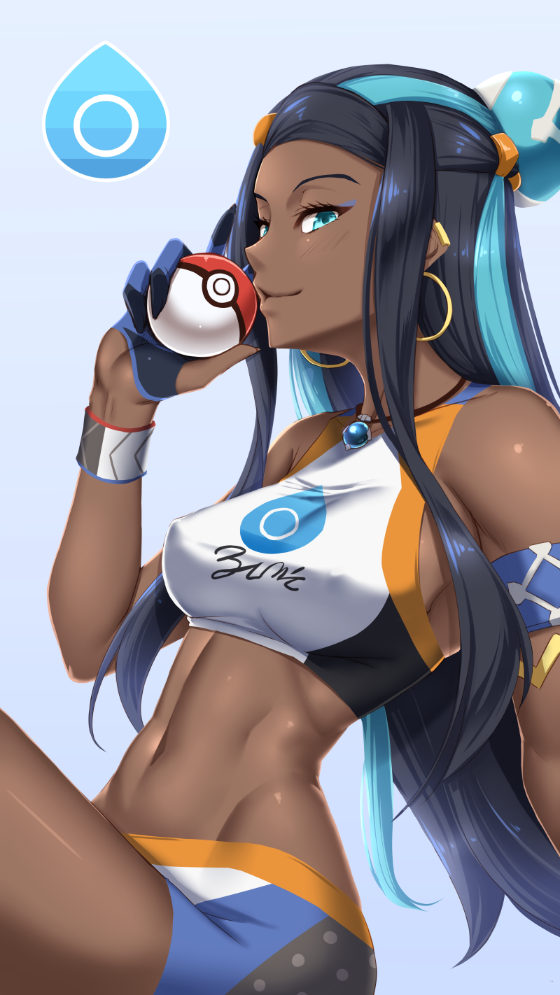 1girl armlet bare_shoulders bike_shorts black_hair blue_eyes blue_hair blush breasts dark_skin earrings eyeliner gloves gym_leader hair_bun highres holding holding_poke_ball hoop_earrings jewelry long_hair looking_at_viewer makeup medium_breasts multicolored_hair navel necklace partly_fingerless_gloves pendant poke_ball pokemon pokemon_(game) pokemon_swsh rurina_(pokemon) shuugetsu_karasu simple_background single_glove smile solo sports_bra sportswear thighs two-tone_hair wristband