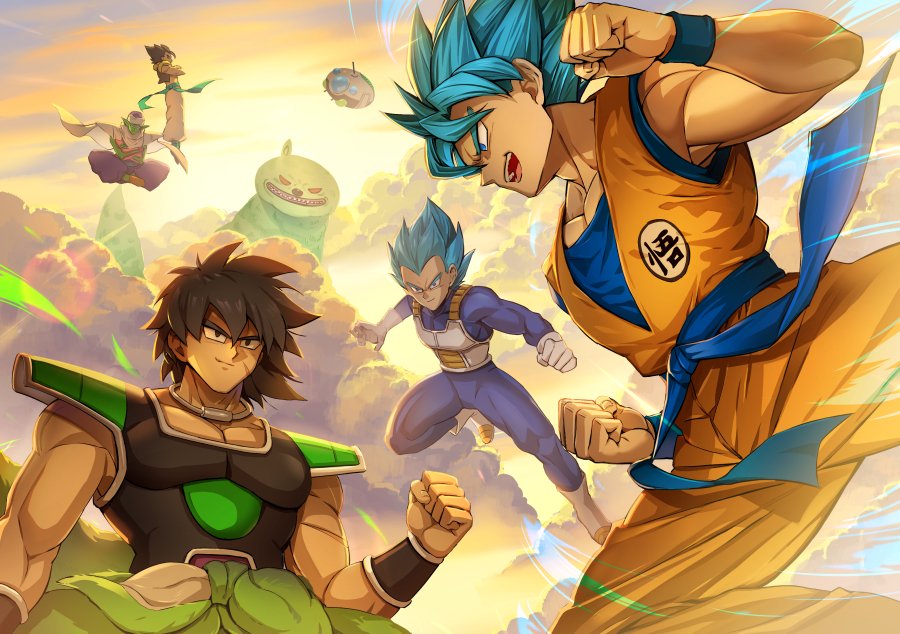 4boys above_clouds armor arms_at_sides aura backlighting bah_(dragon_ball) black_eyes black_hair blue_eyes blue_hair blurry bokeh boots broly_(dragon_ball_super) cape clenched_hand clothes_writing clouds cloudy_sky commentary crossed_arms crossed_legs depth_of_field dougi dragon_ball dragon_ball_super dragon_ball_super_broly dragon_ball_z english_commentary facial_scar fighting_stance floating flying from_side frown gloves gogeta gradient gradient_sky green_skin grey_sky grin jewelry libeuo_(liveolivel) light_rays looking_at_another male_focus monster multiple_boys muscle necklace open_mouth orange_sky outdoors pectorals piccolo pointy_ears profile red_eyes scar scar_on_cheek sharp_teeth sky smile son_gokuu space_craft spiky_hair sun sunlight sunset super_saiyan_blue teeth turban upper_body upper_teeth vegeta white_footwear white_gloves wristband