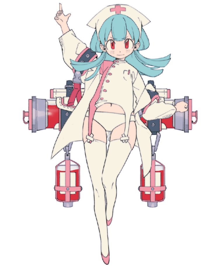 1girl arm_up blood blood_bag blue_hair blush closed_mouth dot_nose hat hermmot666 long_hair navel nurse nurse_cap original pink_footwear red_eyes simple_background solo thigh-highs white_background white_legwear