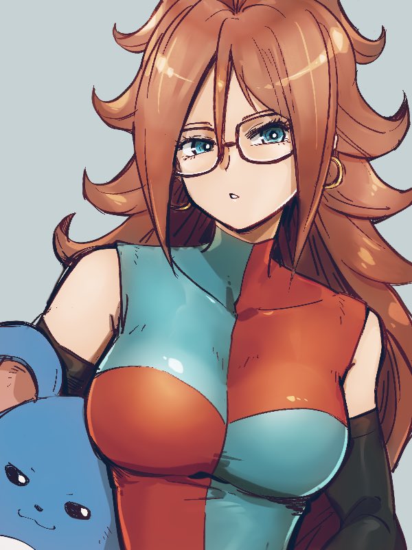 1girl android_21 blue_background blue_eyes breasts checkered checkered_dress dragon_ball dragon_ball_fighterz dress earrings gen_2_pokemon glasses hair_between_eyes hoop_earrings jewelry kemachiku long_hair looking_at_viewer marill medium_breasts pokemon pokemon_(creature) redhead simple_background upper_body yellow_earrings