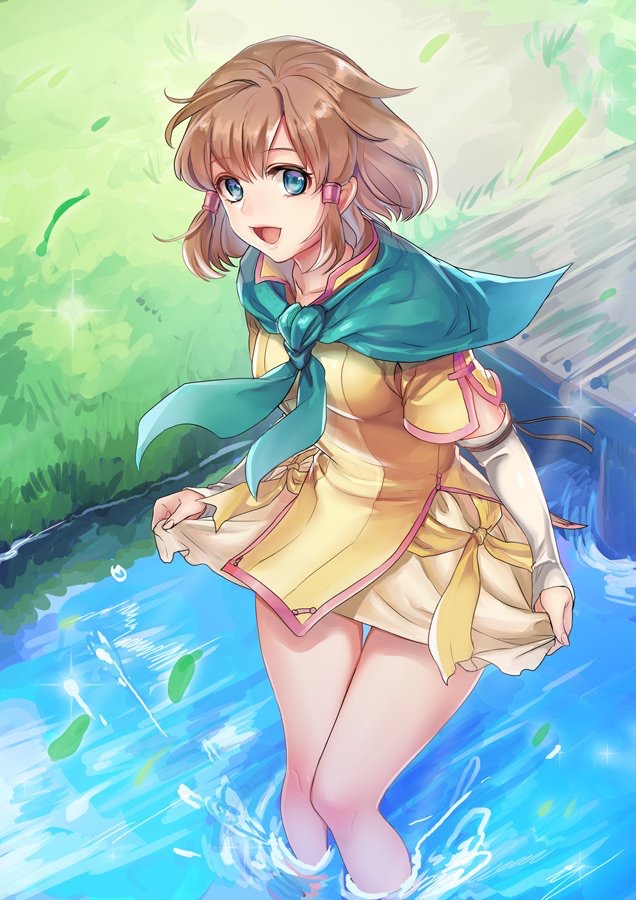 1girl :d bangs bare_legs blue_eyes breasts brown_hair commentary_request day detached_sleeves eyebrows_visible_through_hair field fire_emblem fire_emblem:_path_of_radiance gloves grass hair_tubes kokouno_oyazi leaf looking_at_viewer miniskirt mist_(fire_emblem) open_mouth outdoors scarf shirt short_hair short_sleeves skirt skirt_hold small_breasts smile solo sparkle standing thigh_gap thighs wading water white_skirt yellow_shirt