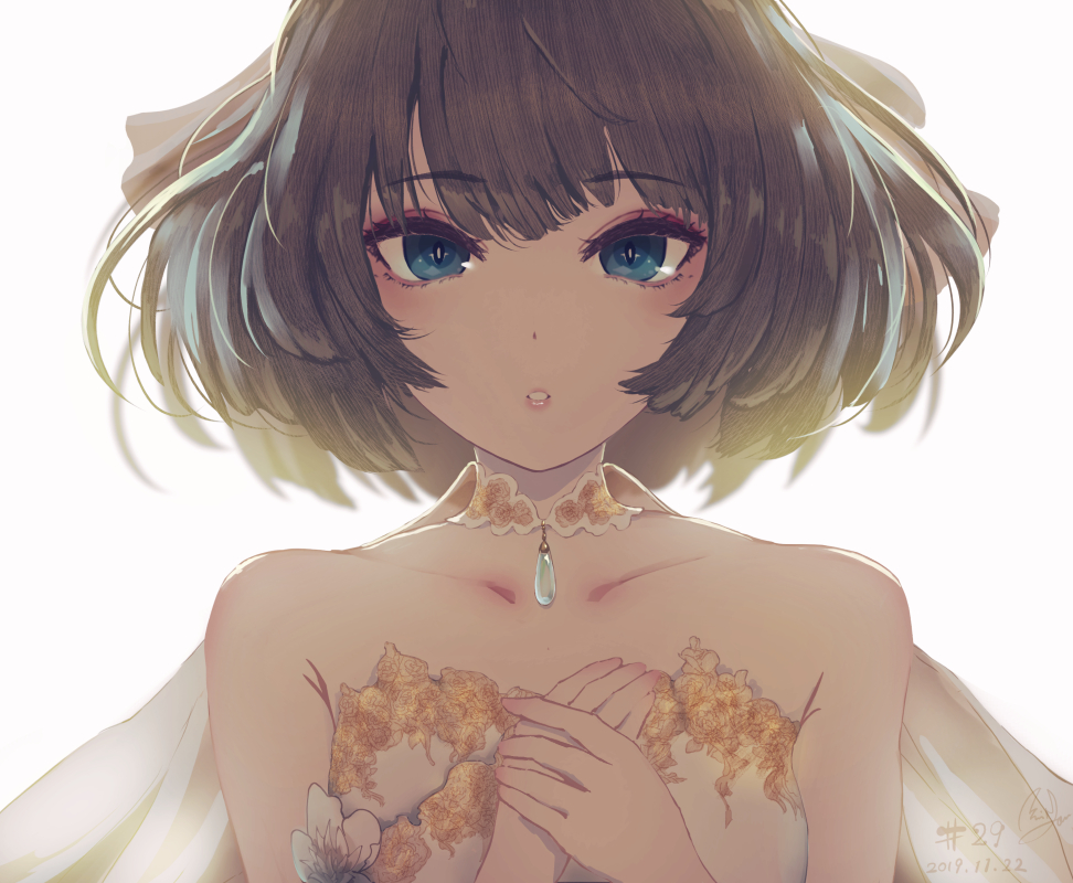 1girl bangs bare_shoulders blue_eyes brown_hair cape choker collarbone commentary_request dated eyebrows_visible_through_hair gem hands_on_own_chest idolmaster idolmaster_cinderella_girls jewelry looking_at_viewer minyom own_hands_together pendant short_hair signature simple_background solo strapless takagaki_kaede upper_body white_background yellow_choker