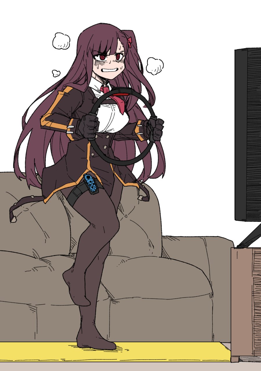 1girl bangs black_gloves black_legwear breasts breath brown_hair clenched_teeth collared_shirt couch exercise full_body girls_frontline gloves hair_ribbon highres holding joy-con leg_up long_hair medium_breasts nintendo_switch no_shoes one_side_up pantyhose purple_hair red_eyes red_neckwear ribbon ring-con ring_fit_adventure shirt solo standing standing_on_one_leg sweat takoongyi2 teeth television wa2000_(girls_frontline) white_shirt
