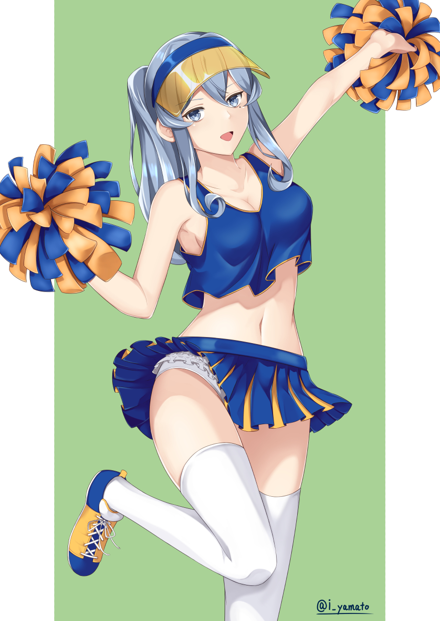 1girl blue_eyes blue_hair blush breasts cheerleader crop_top dancing eyebrows_visible_through_hair gotland_(kantai_collection) hair_between_eyes highres kantai_collection large_breasts long_hair looking_at_viewer mole mole_under_mouth navel open_mouth panties pleated_skirt pom_poms shirt shoes skirt sleeveless smile sneakers solo thigh-highs two-tone_background underwear white_legwear yamato_(083)