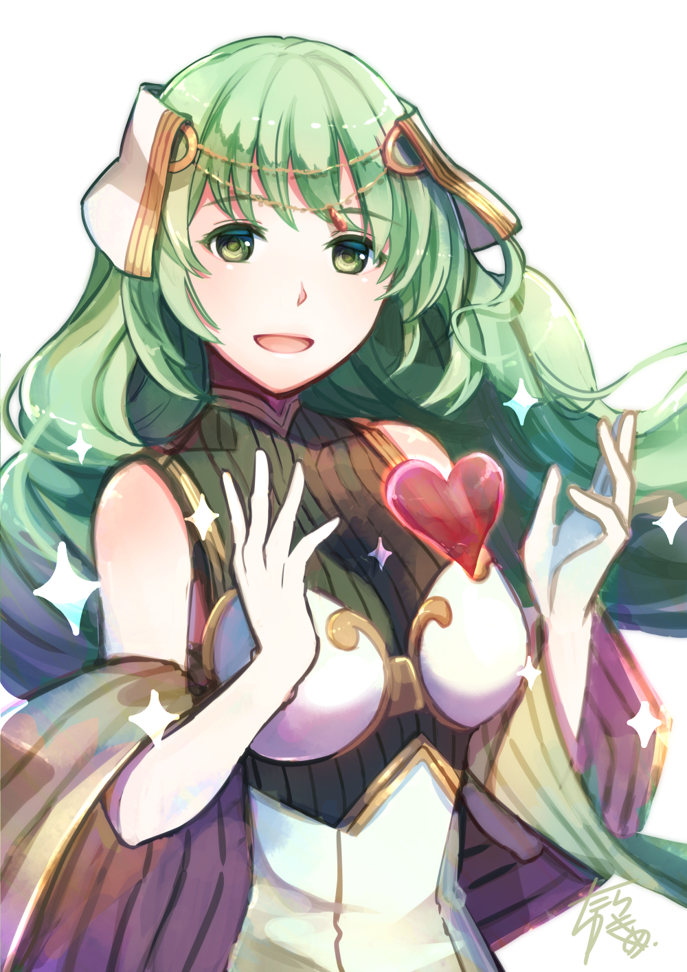 1girl fire_emblem fire_emblem_echoes:_shadows_of_valentia green_eyes green_hair hair_ornament heart highres long_hair open_mouth simple_background solo tatiana_(fire_emblem) upper_body white_background yukimiyuki