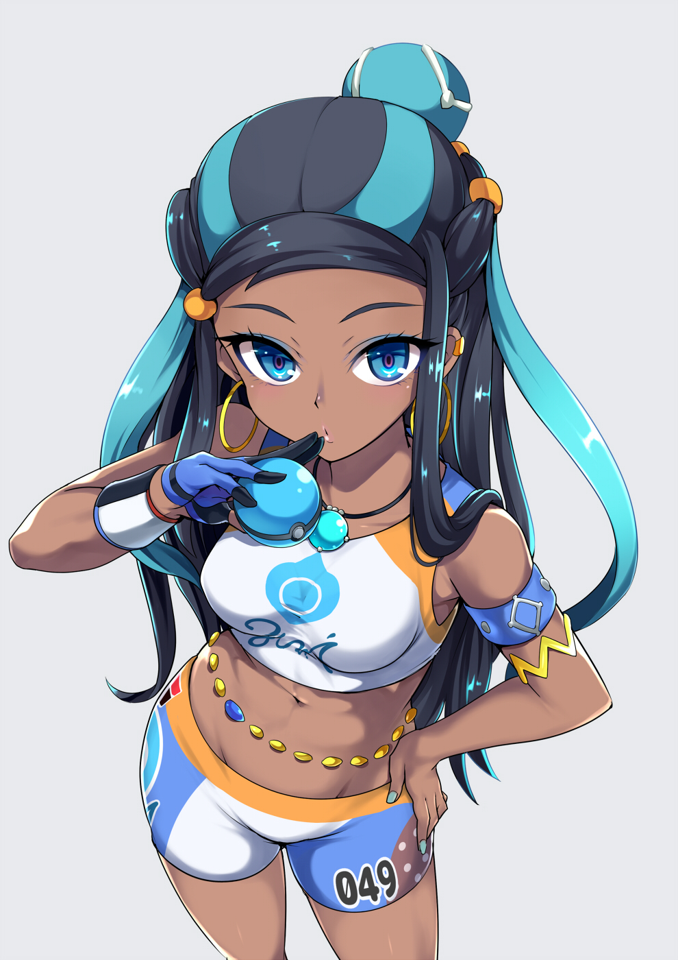 1girl arm_up armlet bare_shoulders bike_shorts blue_eyes blue_gloves blue_hair breasts clothes_writing commentary_request crop_top dark_skin earrings finger_to_mouth forehead from_above gloves grey_background hair_bun hair_ornament hairclip hand_on_hip highres hoop_earrings jewelry kasai_shin looking_at_viewer looking_up multicolored_hair navel necklace partly_fingerless_gloves pokemon pokemon_(game) pokemon_swsh rurina_(pokemon) simple_background small_breasts solo stomach sweatband two-tone_hair