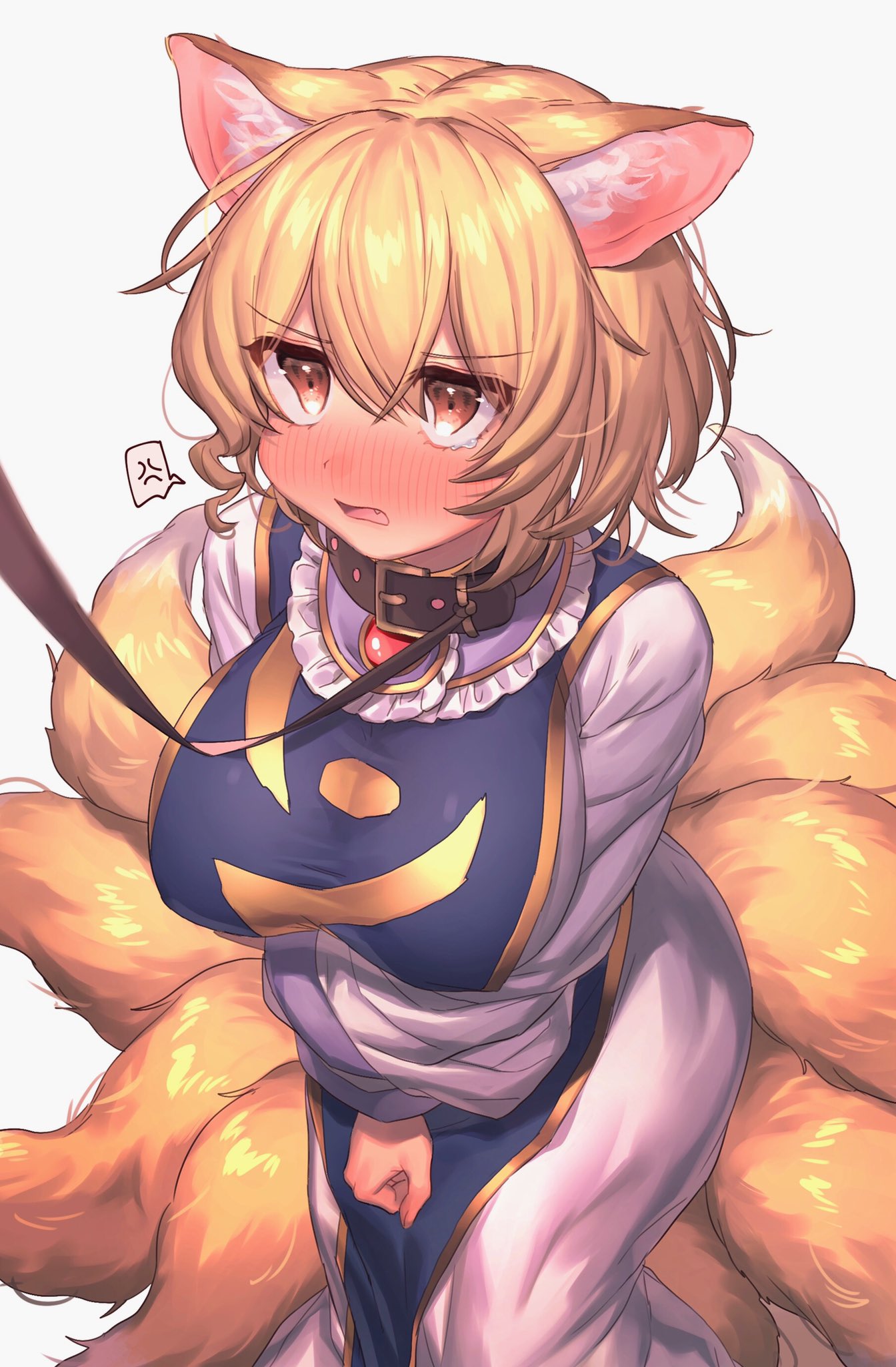 1girl anger_vein animal_ear_fluff animal_ears bangs black_collar blonde_hair blush breasts brown_eyes collar commentary_request cowboy_shot dress eyebrows_visible_through_hair fang fox_ears fox_tail frilled_shirt_collar frills grey_background hair_between_eyes highres large_breasts leash long_sleeves masanaga_(tsukasa) multiple_tails no_hat no_headwear nose_blush open_mouth short_hair simple_background solo spoken_anger_vein standing tabard tail tears touhou white_dress wide_sleeves yakumo_ran