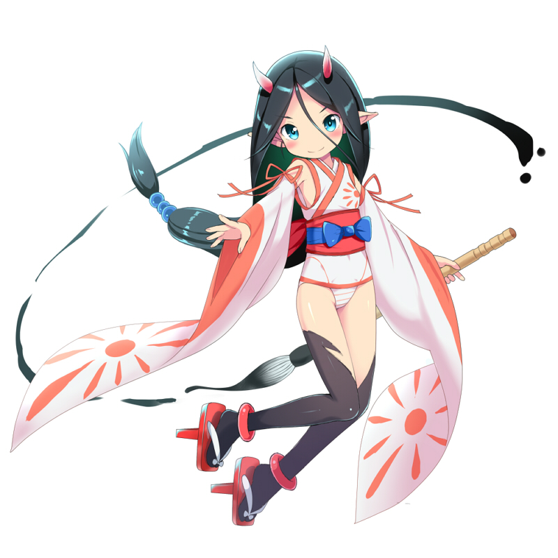 1girl bangs bare_shoulders black_hair black_legwear blue_eyes blush closed_mouth commentary_request covered_navel detached_sleeves eyebrows_visible_through_hair full_body geta hair_between_eyes holding holding_paintbrush horns japanese_clothes kimagure_blue kimono long_hair long_sleeves low-tied_long_hair obi original outstretched_arm paintbrush parted_bangs pointy_ears red_footwear sash simple_background sleeveless sleeveless_kimono smile solo swimsuit tengu-geta thigh-highs v-shaped_eyebrows very_long_hair white_background white_kimono white_sleeves white_swimsuit wide_sleeves