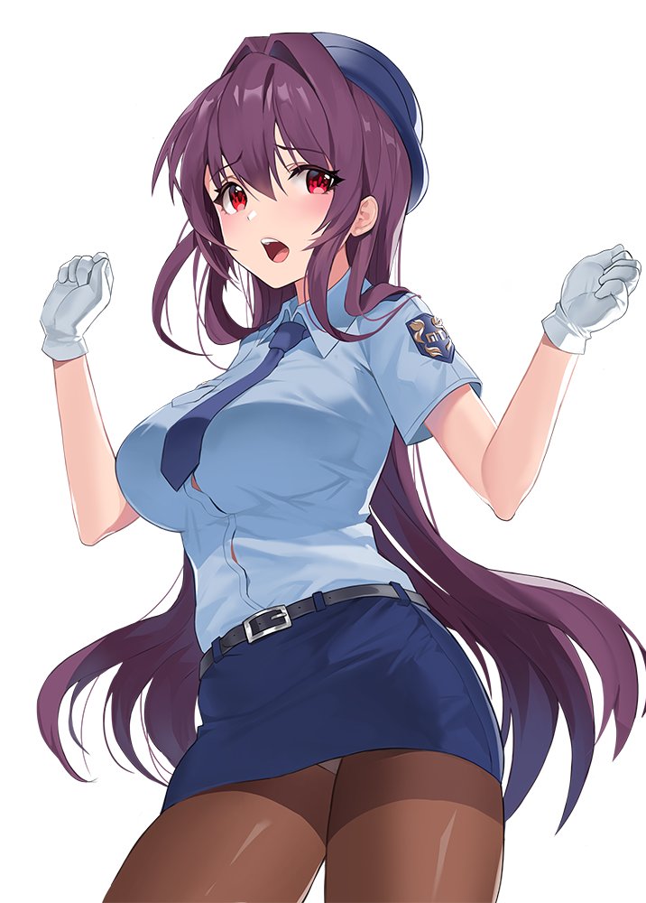 1girl alternate_costume arms_up bangs belt belt_buckle blue_headwear blue_neckwear blue_shirt blue_skirt blush breast_pocket breasts buckle collared_shirt commentary_request cowboy_shot damda emblem eyebrows_visible_through_hair fate/grand_order fate_(series) gloves hair_intakes large_breasts long_hair looking_to_the_side necktie open_mouth orange_legwear panties pantyhose pantyshot pantyshot_(standing) pencil_skirt pocket police police_uniform policewoman red_eyes scathach_(fate)_(all) scathach_(fate/grand_order) shirt simple_background skirt solo speech_bubble standing teeth thighband_pantyhose tongue underwear uniform very_long_hair violet_eyes white_background white_gloves