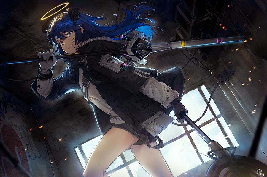 1girl arknights artist_name bangs blue_eyes blue_hair closed_mouth commentary eyebrows_visible_through_hair fur fur_trim gloves grey_gloves hair_between_eyes halo holding holding_weapon hood horns indoors jacket long_hair long_sleeves looking_at_viewer mostima_(arknights) nagu open_clothes room shirt shorts smile solo standing tail weapon white_shirt window