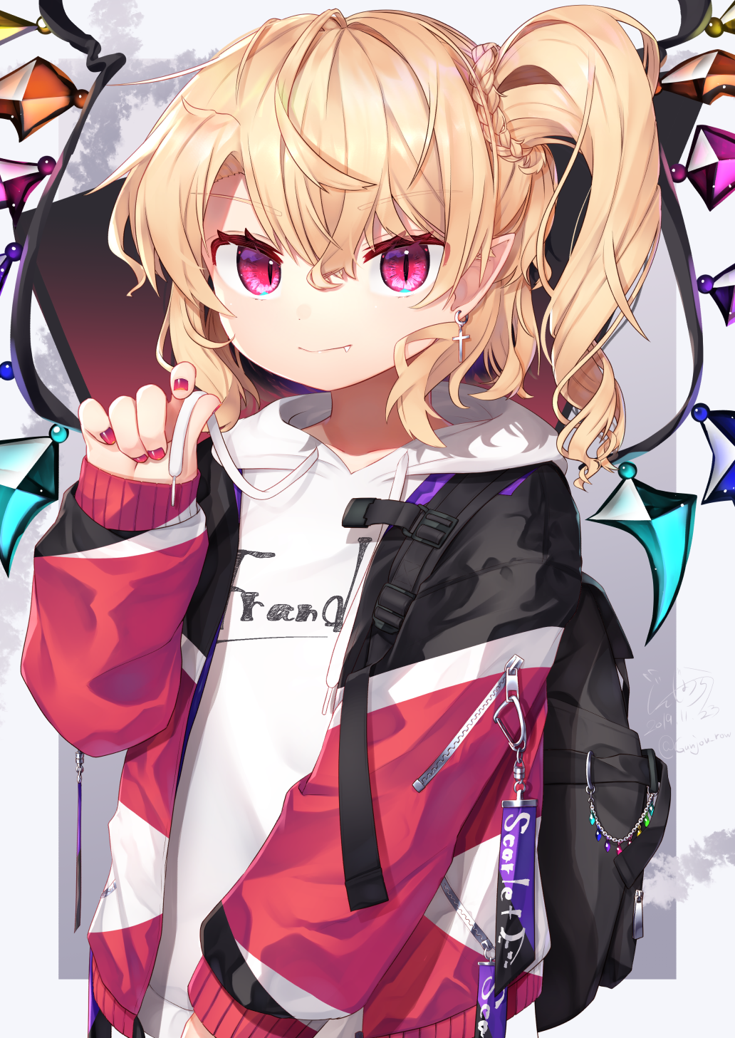 1girl alternate_costume arm_up backpack bag black_backpack blonde_hair casual chain character_name charm_(object) clothes_writing commentary_request contemporary cross cross_earrings dated drawstring drop_earrings earrings eyebrows_visible_through_hair fang fang_out fingernails flandre_scarlet gradient gradient_background grey_background gunjou_row hair_between_eyes highres hood hood_down jacket jewelry light_smile looking_at_viewer nail_polish no_hat no_headwear open_clothes open_jacket pointy_ears red_eyes red_nails short_hair side_ponytail signature sleeves_past_wrists slit_pupils solo standing touhou twitter_username upper_body white_hoodie wings