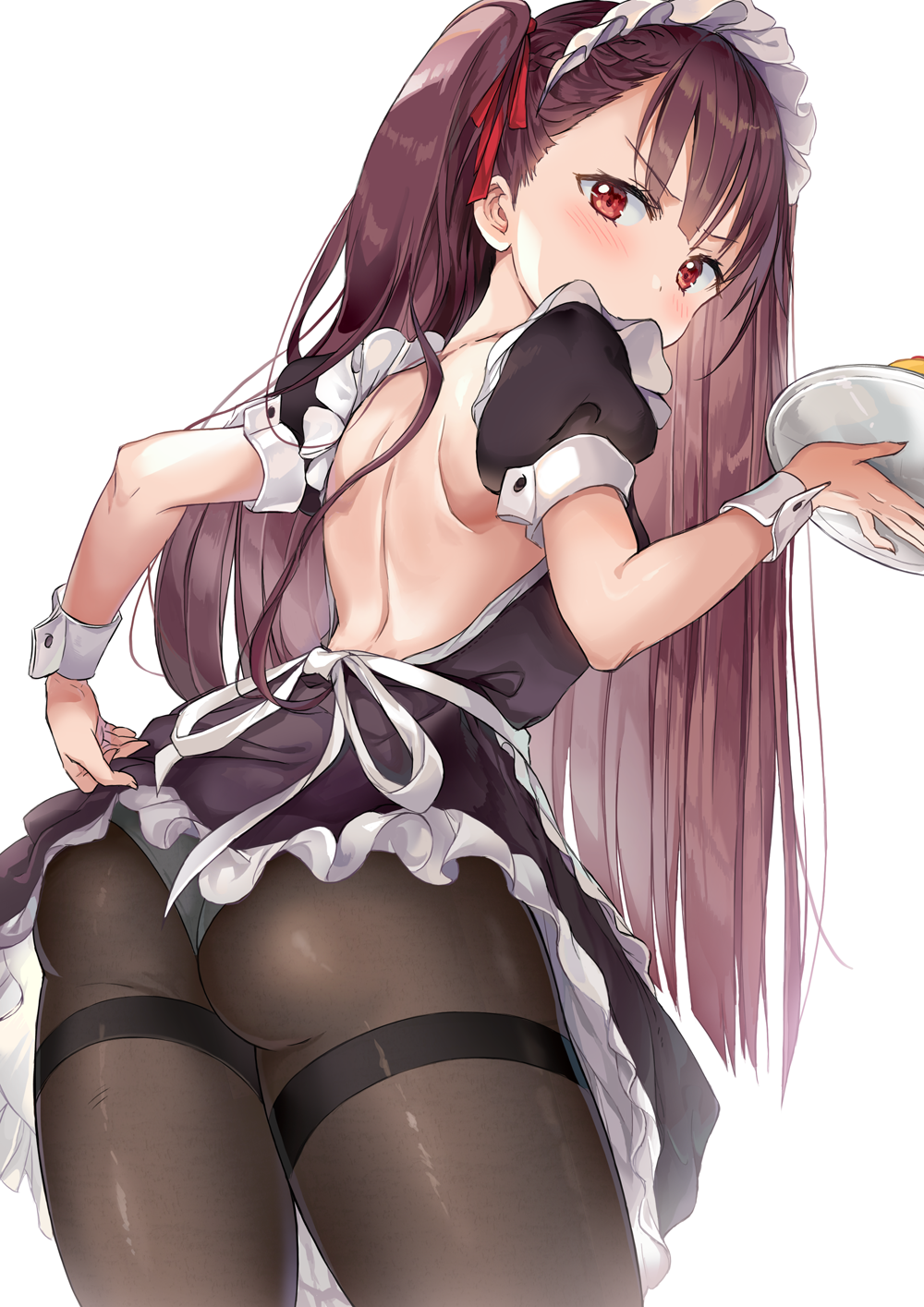1girl alternate_costume apron ass back bangs blush breasts brown_legwear commentary_request dress dress_lift enmaided eyebrows_visible_through_hair from_behind girls_frontline hair_ribbon half_updo highres holding holding_tray large_breasts long_hair looking_at_viewer looking_back maid maid_headdress one_side_up panties panties_under_pantyhose pantyhose purple_dress purple_hair red_eyes ribbon saya_(mychristian2) simple_background solo thighband_pantyhose tray tsurime underwear v-shaped_eyebrows very_long_hair wa2000_(girls_frontline) white_background white_panties wrist_cuffs
