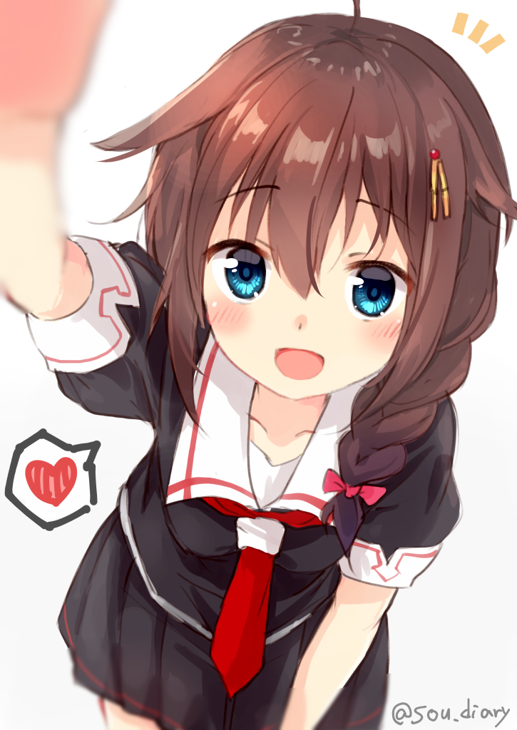 /\/\/\ 1girl ahoge black_hair black_serafuku black_skirt blue_eyes blurry braid commentary_request cowboy_shot depth_of_field hair_flaps hair_ornament hair_over_shoulder heart kantai_collection looking_at_viewer neckerchief open_mouth pleated_skirt pov red_neckwear remodel_(kantai_collection) school_uniform serafuku shigure_(kantai_collection) simple_background single_braid skirt smile solo sou_(soutennkouchi) spoken_heart twitter_username white_background