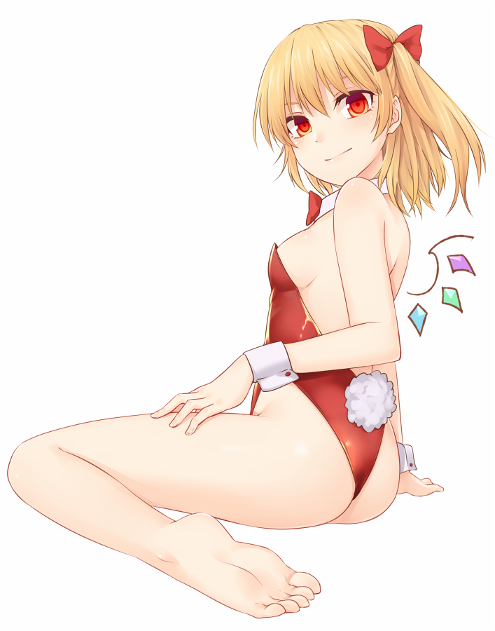 1girl alternate_costume arm_support ass bangs bare_arms bare_legs bare_shoulders barefoot blonde_hair blush bow bowtie breasts bunny_tail commentary_request crystal detached_collar fake_tail flandre_scarlet hair_between_eyes hair_bow leotard long_hair looking_at_viewer miyo_(ranthath) no_hat no_headwear one_side_up playboy_bunny_leotard red_bow red_eyes red_neckwear simple_background sitting small_breasts smile solo tail thighs touhou wariza white_background wings wrist_cuffs