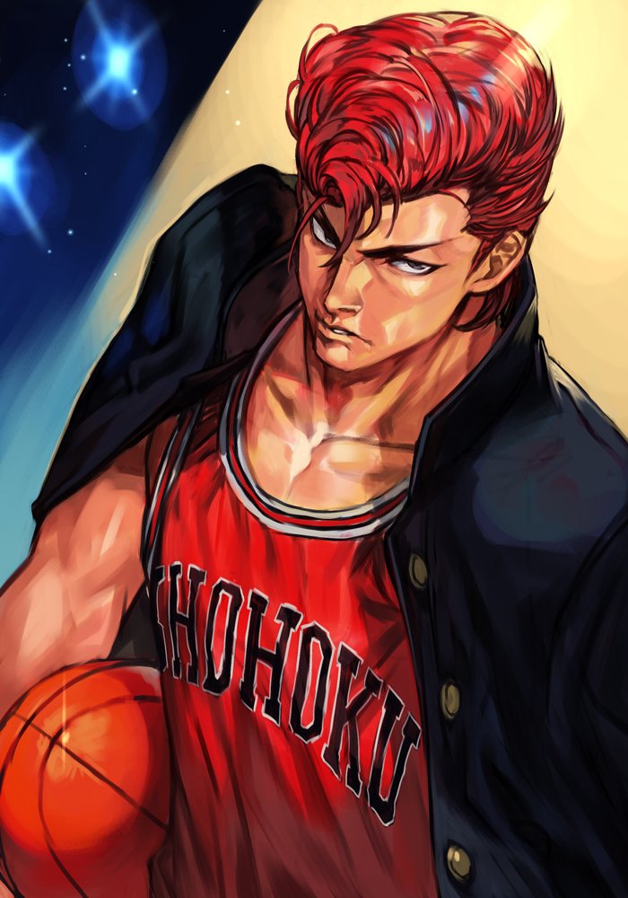 1boy ball basketball basketball_uniform gakuran glaring hankuri holding holding_ball jacket_on_shoulders looking_at_viewer male_focus pompadour redhead sakuragi_hanamichi school_uniform simple_background slam_dunk solo sportswear upper_body