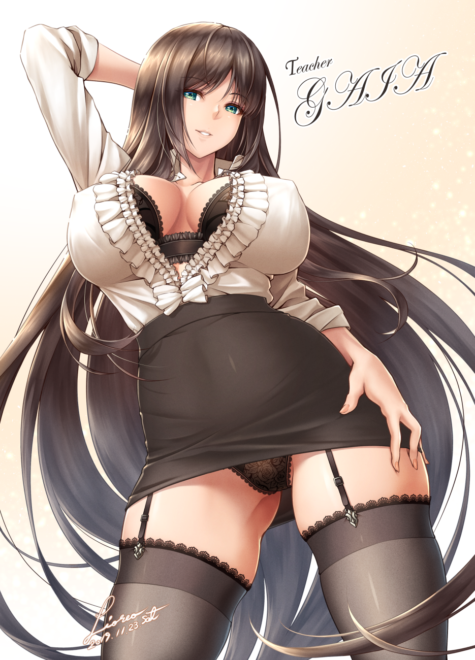 1girl arm_up artist_name ass_visible_through_thighs bangs black_bra black_hair black_legwear black_panties bra breasts collarbone covered_nipples eyebrows_visible_through_hair frilled_shirt frills garter_straps greek_mythology green_eyes grin highres lace lace-trimmed_bra lace-trimmed_legwear lace-trimmed_panties large_breasts lips long_hair looking_at_viewer panties parted_bangs parted_lips pencil_skirt ryou_(pix_gallerio) shirt signature skindentation skirt sleeves_rolled_up smile solo thighs underwear very_long_hair