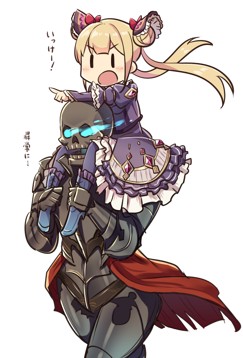 1boy 1girl ankle_grab armor blonde_hair blue_legwear blush boots bow burning_eyes carrying commentary_request double_bun dress frills glowing glowing_eyes hair_bow hair_ornament highres long_hair long_sleeves luna_(shadowverse) mordecai_the_duelist open_mouth outstretched_arm pointing puffy_sleeves purple_dress red_bow shadowverse shoulder_carry simple_background skull translated twintails wagashi928 white_background