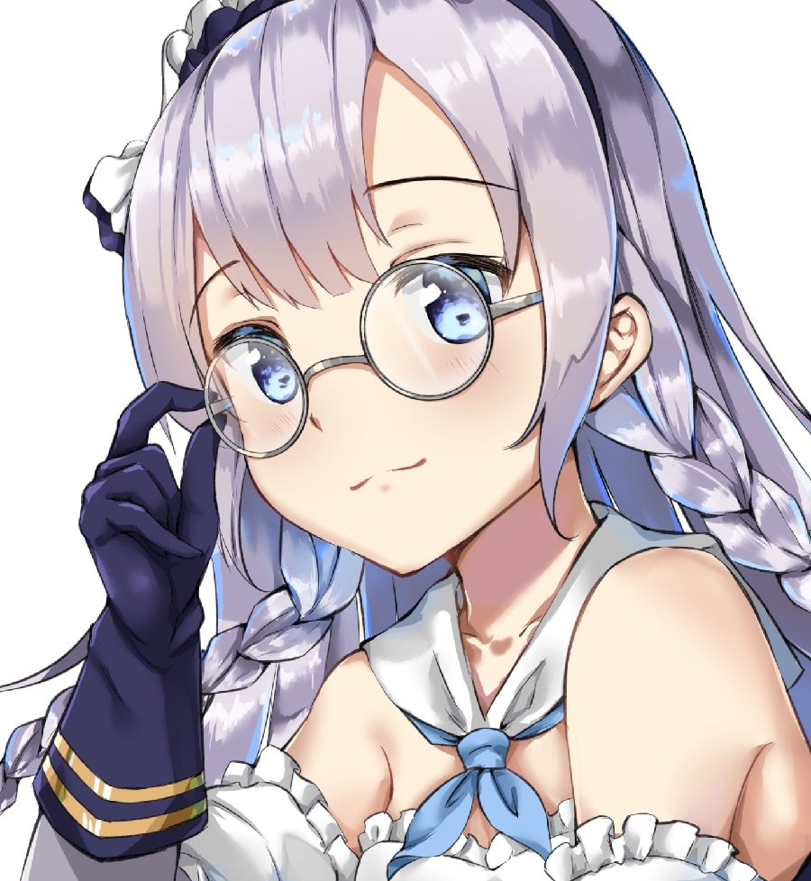 1girl :3 adjusting_eyewear as4gi azur_lane bangs bare_shoulders blue_eyes blue_gloves braid collarbone commentary detached_sleeves dress edinburgh_(azur_lane) eyebrows_visible_through_hair frilled_dress frilled_sleeves frills glasses gloves lavender_hair light_blush long_hair looking_at_viewer maid_headdress neckerchief portrait round_eyewear sailor_collar silver-framed_eyewear simple_background solo strapless strapless_dress twin_braids white_background white_neckwear