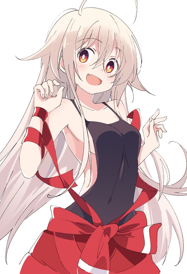 1girl :d ahoge black_shirt blush breasts chiya_(urara_meirochou) collarbone covered_navel fang hair_between_eyes hands_up ixy long_hair looking_at_viewer medium_breasts open_mouth red_eyes red_ribbon ribbon shirt simple_background smile solo urara_meirochou white_background white_hair