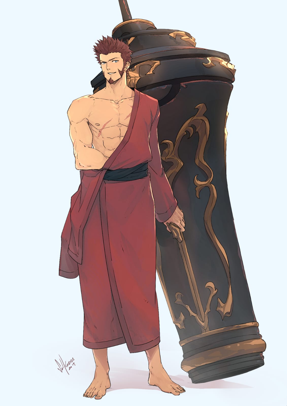 1boy abs beard blue_eyes brown_hair chest facial_hair fate/grand_order fate_(series) full_body highres huge_weapon japanese_clothes kimono looking_at_viewer male_focus muscle napoleon_bonaparte_(fate/grand_order) nipples open_clothes pectorals scar simple_background smile sol_ferrari solo weapon white_background yukata