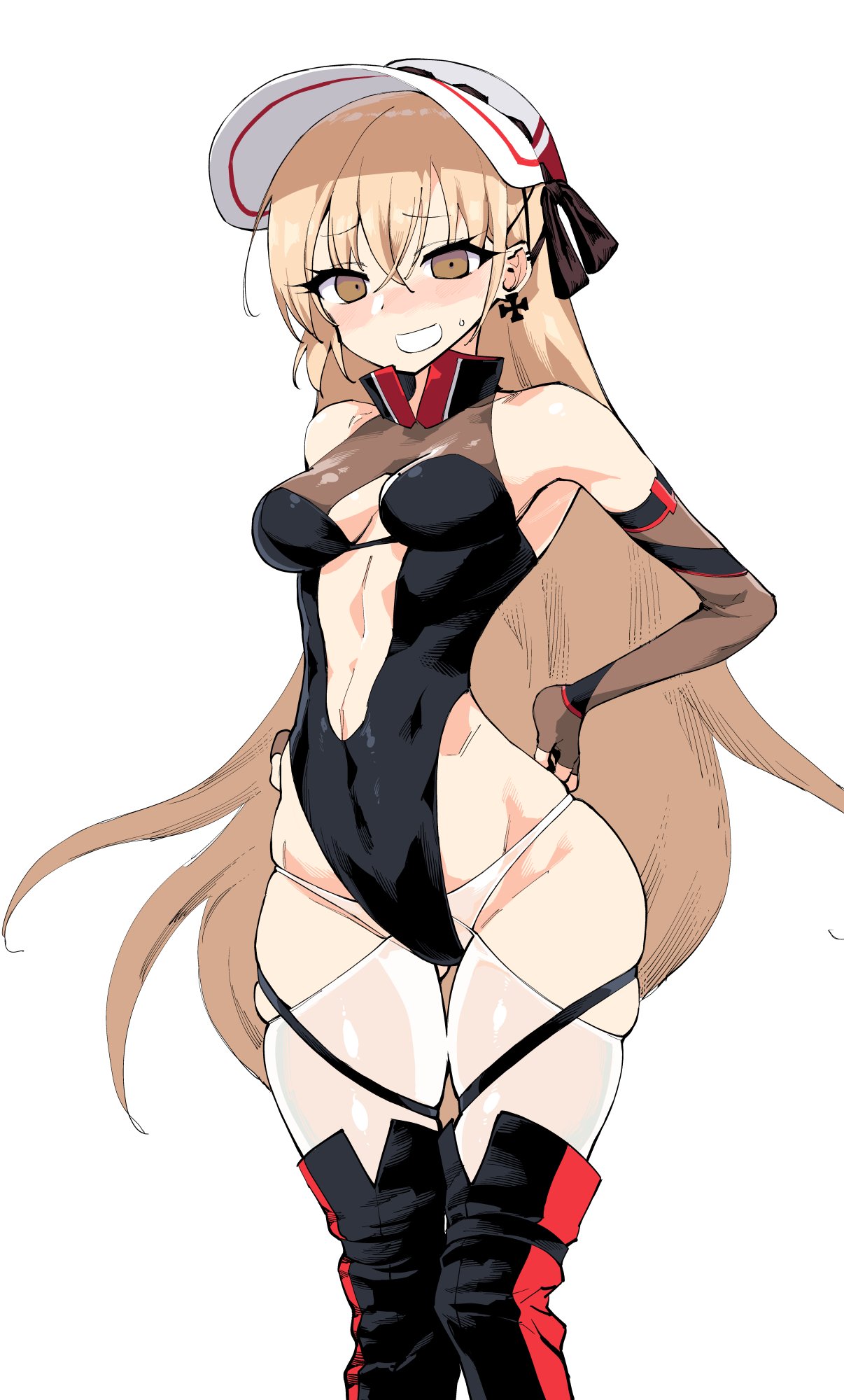 1girl bangs black_legwear blonde_hair blush bodysuit boots breasts brown_eyes cross cross_earrings earrings elbow_gloves embarrassed eyebrows_visible_through_hair eyelashes fingerless_gloves girls_frontline gitoshinp gloves high_collar highleg highleg_leotard highres jewelry leotard lifted_by_self long_hair maid_headdress medium_breasts navel navel_cutout ppk_(girls_frontline) racequeen sidelocks skin_tight skindentation skirt skirt_removed solo sweatdrop thigh-highs thigh_boots thighs very_long_hair visor_cap white_background white_headwear white_legwear