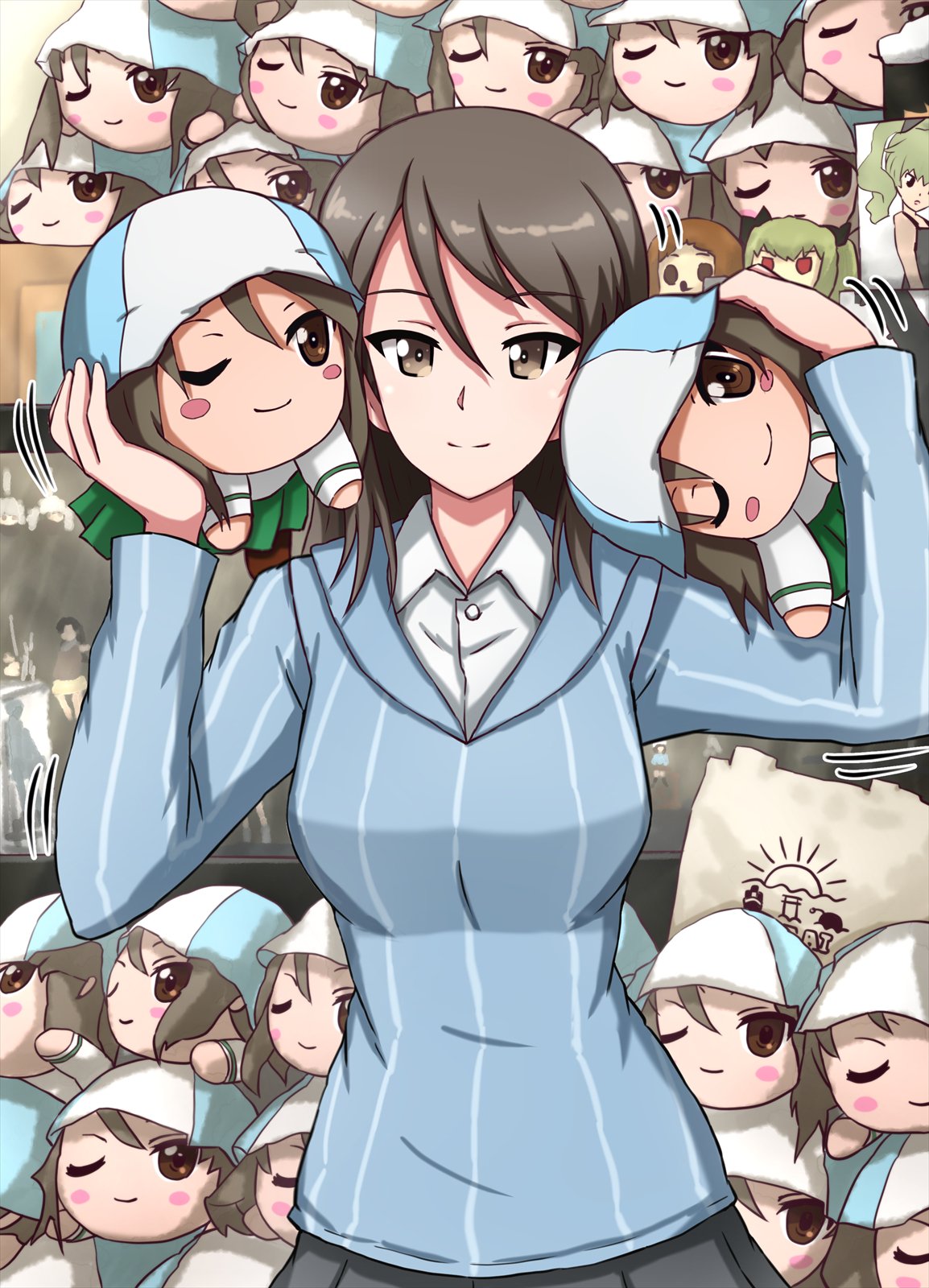 1girl bangs blue_headwear blue_shirt blush_stickers brown_eyes brown_hair character_doll closed_mouth commentary doll dress_shirt eyebrows_visible_through_hair girls_und_panzer hat highres holding holding_doll keizoku_school_uniform long_hair long_sleeves looking_at_viewer mika_(girls_und_panzer) motion_lines no_hat no_headwear omachi_(slabco) ooarai_school_uniform school_uniform shirt smile solo standing striped striped_shirt vertical-striped_shirt vertical_stripes white_shirt