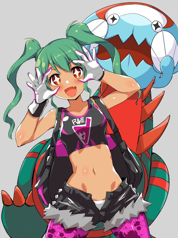 1girl backpack bag crop_top dracovish edobox fang gen_8_pokemon gloves green_hair hand_glasses midriff navel pantyhose pokemon pokemon_(game) pokemon_swsh short_shorts shorts skin_fang sparkling_eyes twintails yuuri_(pokemon)