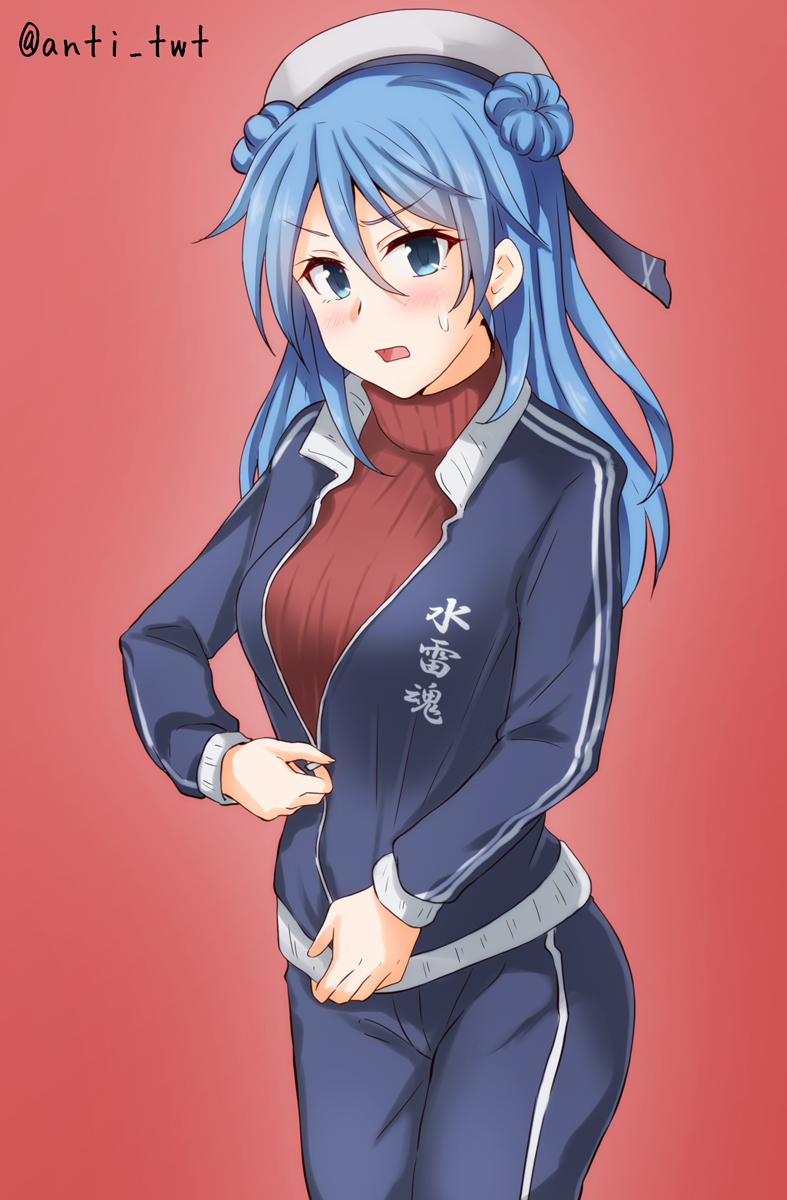 1girl alternate_costume anti_(untea9) blue_eyes blue_hair blush breasts clothes_writing commentary_request cowboy_shot double_bun eyebrows_visible_through_hair hat highres jacket kantai_collection large_breasts looking_at_viewer pants red_background red_sweater ribbed_sweater sailor_hat simple_background solo sweater track_jacket track_pants track_suit turtleneck turtleneck_leotard turtleneck_sweater twitter_username urakaze_(kantai_collection) white_headwear zipping