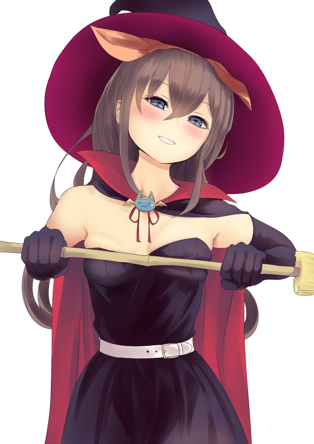 1girl bangs bare_shoulders belt black_cape black_dress black_gloves black_headwear blue_eyes blush breasts broom brown_hair cape commentary_request cowboy_shot culter dress elbow_gloves eyebrows_visible_through_hair gloves grin hair_between_eyes hair_ribbon hat head_tilt highres holding holding_broom long_hair looking_at_viewer orange_ribbon original ribbon simple_background small_breasts smile solo standing strapless strapless_dress white_background white_belt witch_hat