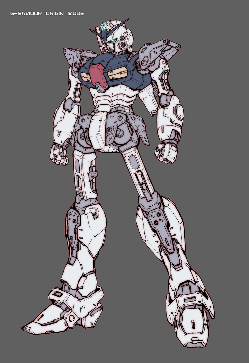 banchengping@126 clenched_hands flat_color g-saviour_gundam glowing glowing_eyes grey_background gundam gundam_g-saviour mecha no_humans parts_exposed