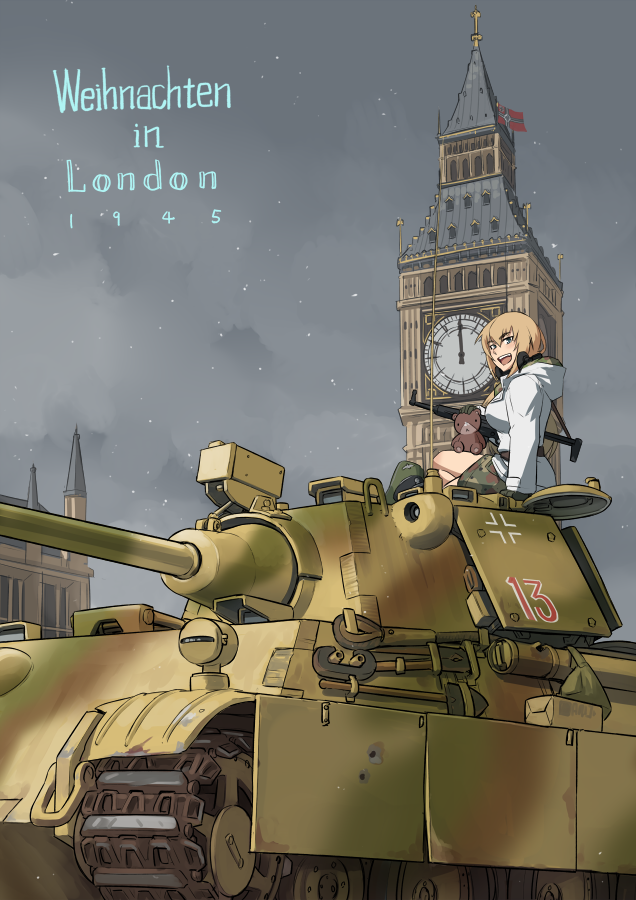 1girl assault_rifle blonde_hair blue_eyes clouds cloudy_sky commentary day elizabeth_tower english_text german_text green_headwear grey_sky ground_vehicle gun hat headphones holding holding_gun holding_weapon hooded_coat long_hair long_sleeves looking_at_viewer mikoyan military military_vehicle motor_vehicle nazi_flag open_mouth original outdoors peaked_cap rifle sitting sky smile snow solo stuffed_animal stuffed_toy tank teddy_bear tiger_ii weapon white_coat