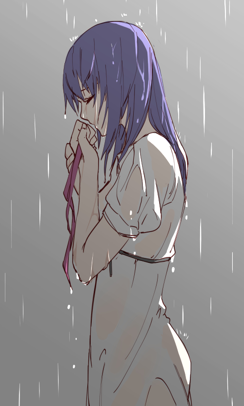 1girl closed_eyes cowboy_shot fate_(series) from_side grey_background holding holding_ribbon iceky long_hair matou_sakura purple_hair rain ribbon see-through solo wet wet_clothes