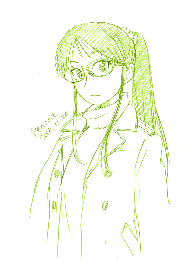 1girl bangs black_hair closed_mouth coat commentary_request eyebrows_visible_through_hair glasses graphite_(medium) hair_ornament koiwai_koharuko long_hair long_ponytail looking_at_viewer monochrome peacock_(p-location) ponytail scrunchie signature simple_background sketch solo sweater traditional_media turtleneck turtleneck_sweater upper_body white_background yotsubato!