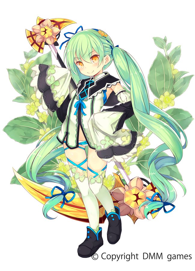 &gt;:) 1girl bangs black_footwear blue_ribbon blush boots brown_eyes character_request closed_mouth commentary_request detached_sleeves eyebrows_visible_through_hair flower_knight_girl full_body green_flower green_hair green_shirt hair_between_eyes hair_ornament hair_ribbon juliet_sleeves kurasuke long_hair long_sleeves object_namesake official_art panties puffy_sleeves ribbon scythe shirt sleeveless sleeveless_shirt sleeves_past_fingers sleeves_past_wrists smile solo standing standing_on_one_leg star star_hair_ornament thigh-highs thighhighs_under_boots twintails underwear v-shaped_eyebrows very_long_hair weapon weapon_on_back white_background white_legwear white_panties white_sleeves wide_sleeves