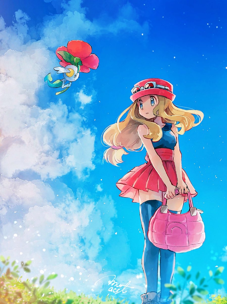 1girl bag blonde_hair blue_eyes blue_legwear blue_shirt blue_sky blurry_foreground clouds collarbone day eyewear_on_headwear floating_hair floette glasses hat high-waist_skirt highres holding holding_bag long_hair low-tied_long_hair miniskirt mu_acrt outdoors parted_lips pink_bag pleated_skirt pokemon pokemon_(creature) pokemon_(game) pokemon_xy red_headwear red_skirt serena_(pokemon) shirt signature skirt sky sleeveless sleeveless_shirt solo thigh-highs very_long_hair white-framed_eyewear zettai_ryouiki