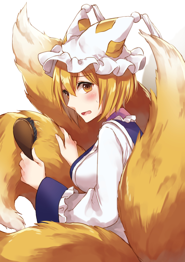 1girl blonde_hair blush breasts commentary_request dress drop_shadow eyebrows_visible_through_hair fox_tail from_side hair_between_eyes hair_brush hat holding_brush holding_tail kirisita large_breasts looking_at_viewer looking_back multiple_tails ofuda open_mouth pillow_hat short_hair simple_background solo standing sweatdrop tabard tail tail_brushing tassel touhou white_background white_dress yakumo_ran yellow_eyes