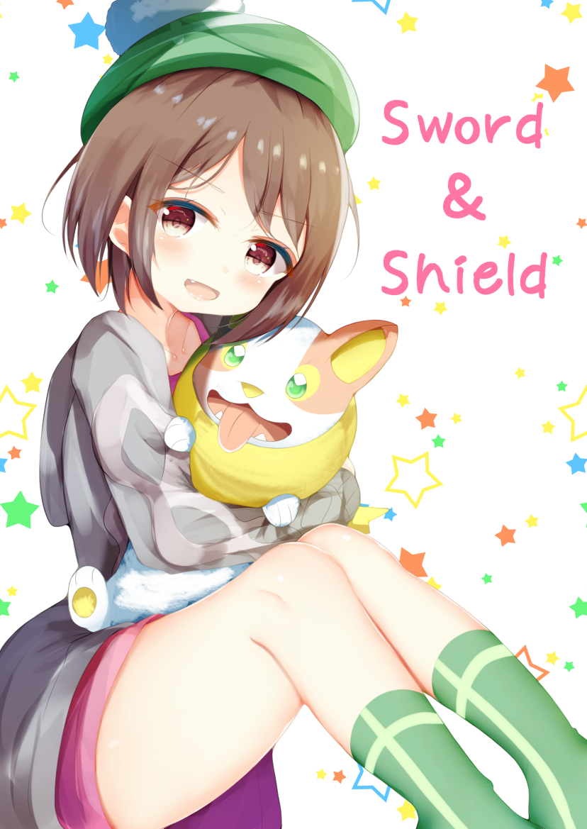 1girl :d aties20 bangs blush brown_eyes brown_hair cardigan commentary_request copyright_name dog dress eyebrows_visible_through_hair fang fangs gen_8_pokemon green_headwear green_legwear grey_cardigan hood hood_down hooded_cardigan hug knees_up looking_at_viewer no_shoes open_mouth pokemon pokemon_(creature) pokemon_(game) pokemon_swsh purple_dress sitting smile socks star starry_background tam_o'_shanter tongue tongue_out v-shaped_eyebrows white_background yamper yuuri_(pokemon)