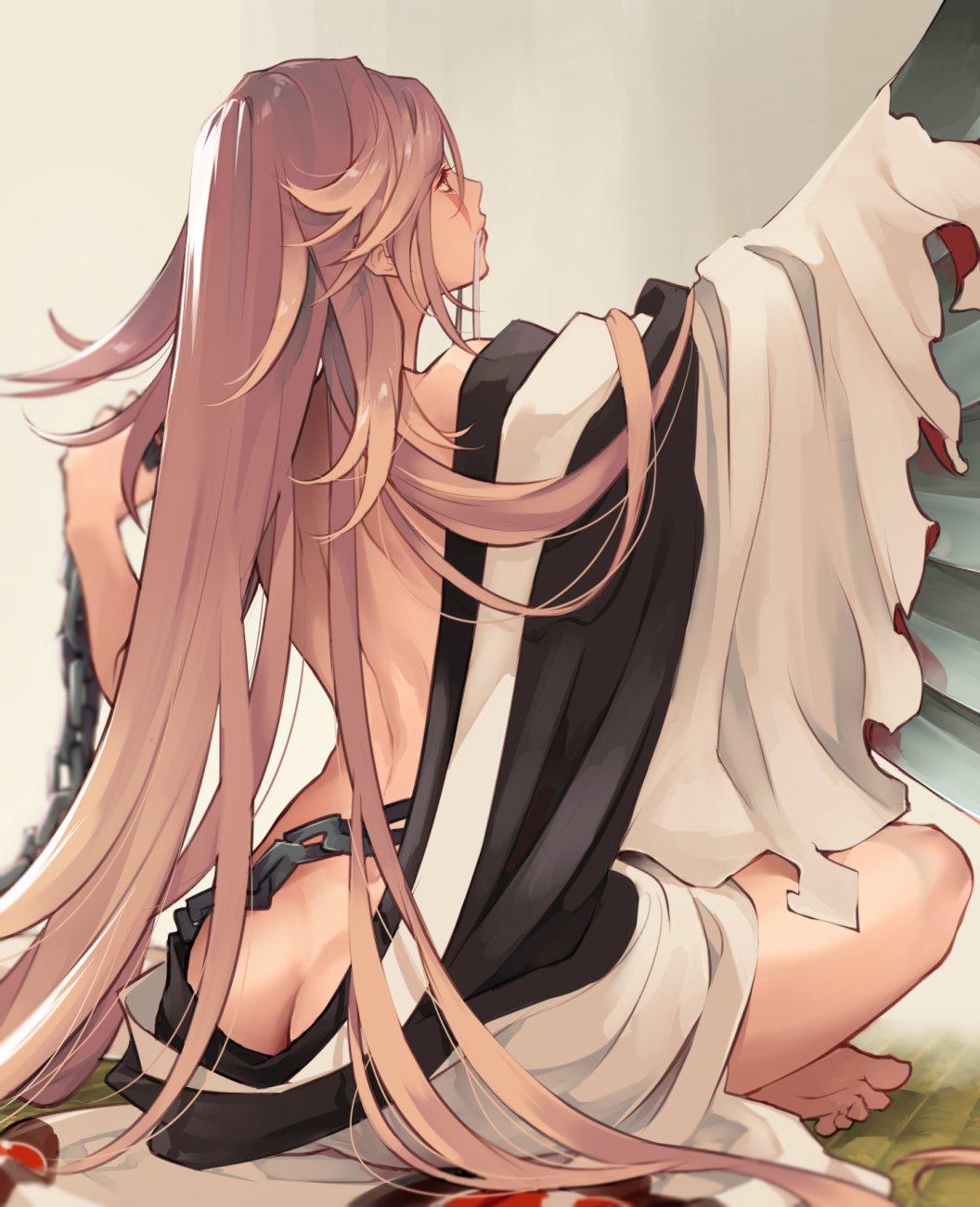 1girl baiken barefoot butt_crack chain guilty_gear guilty_gear_xrd highres jako_(toyprn) japanese_clothes kataginu kimono long_hair looking_up mouth_hold multicolored multicolored_clothes multicolored_kimono pink_hair scar scar_across_eye sitting solo tatami torn_clothes undressing