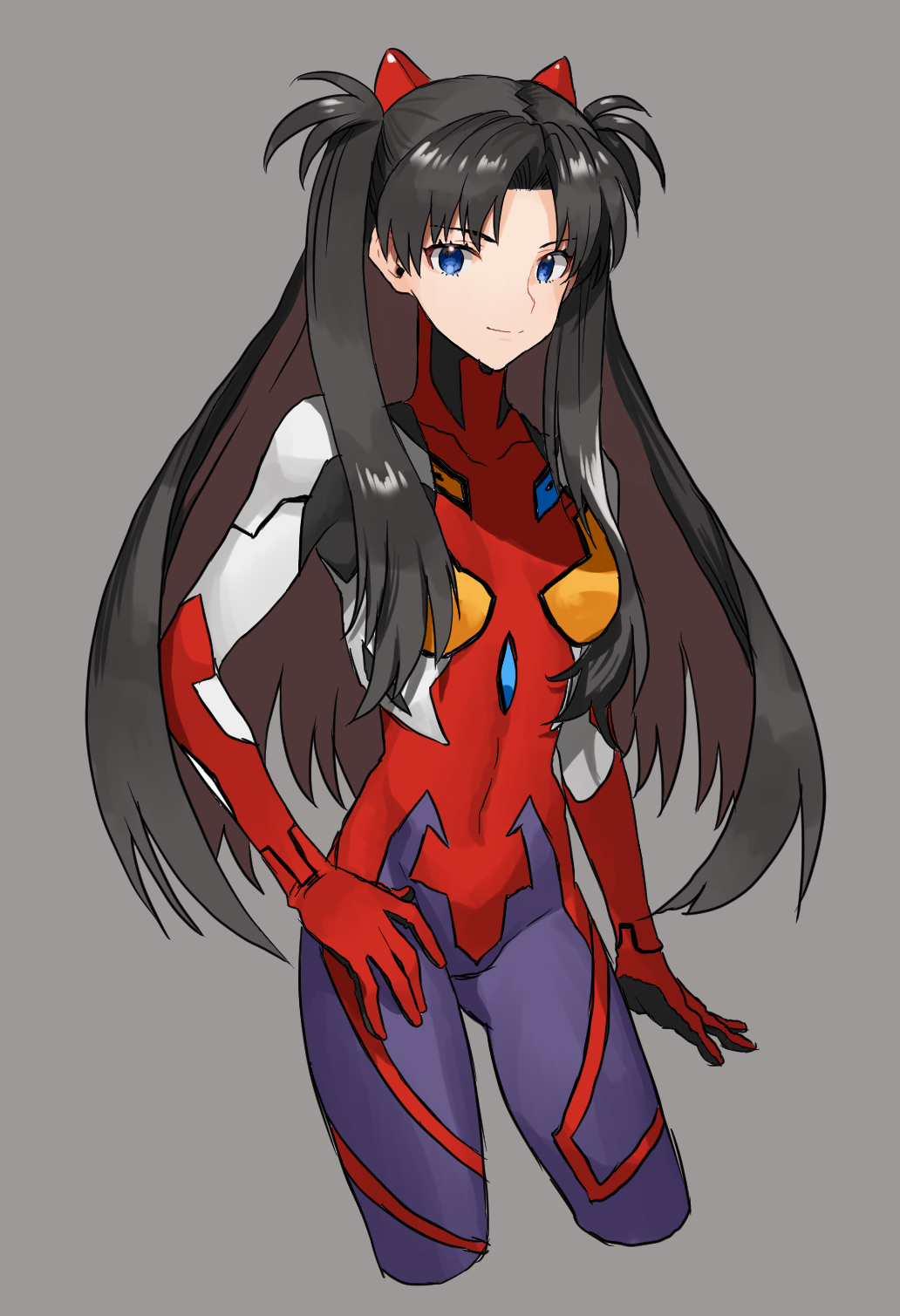 1girl bangs black_hair blue_eyes bodysuit closed_mouth cosplay cowboy_shot cropped_legs evangelion:_3.0_you_can_(not)_redo fate/stay_night fate_(series) gloves grey_background hand_on_hip highres kmk long_hair looking_at_viewer neon_genesis_evangelion parted_bangs plugsuit rebuild_of_evangelion red_gloves shikinami_asuka_langley shikinami_asuka_langley_(cosplay) simple_background smile solo souryuu_asuka_langley toosaka_rin two_side_up